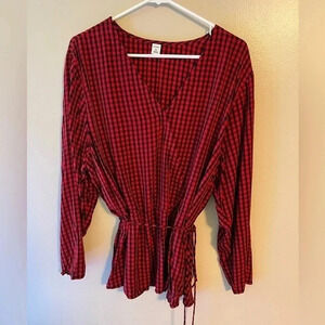 Old Navy Blouse Gingham Plaid Red Black XXL Tie Waist‎